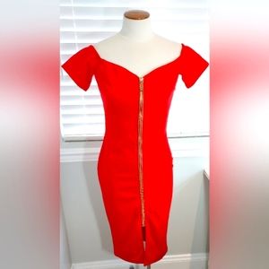 Akira Red Cap Sleeve/Short Sleeve Front Functional Zip Dress NWT